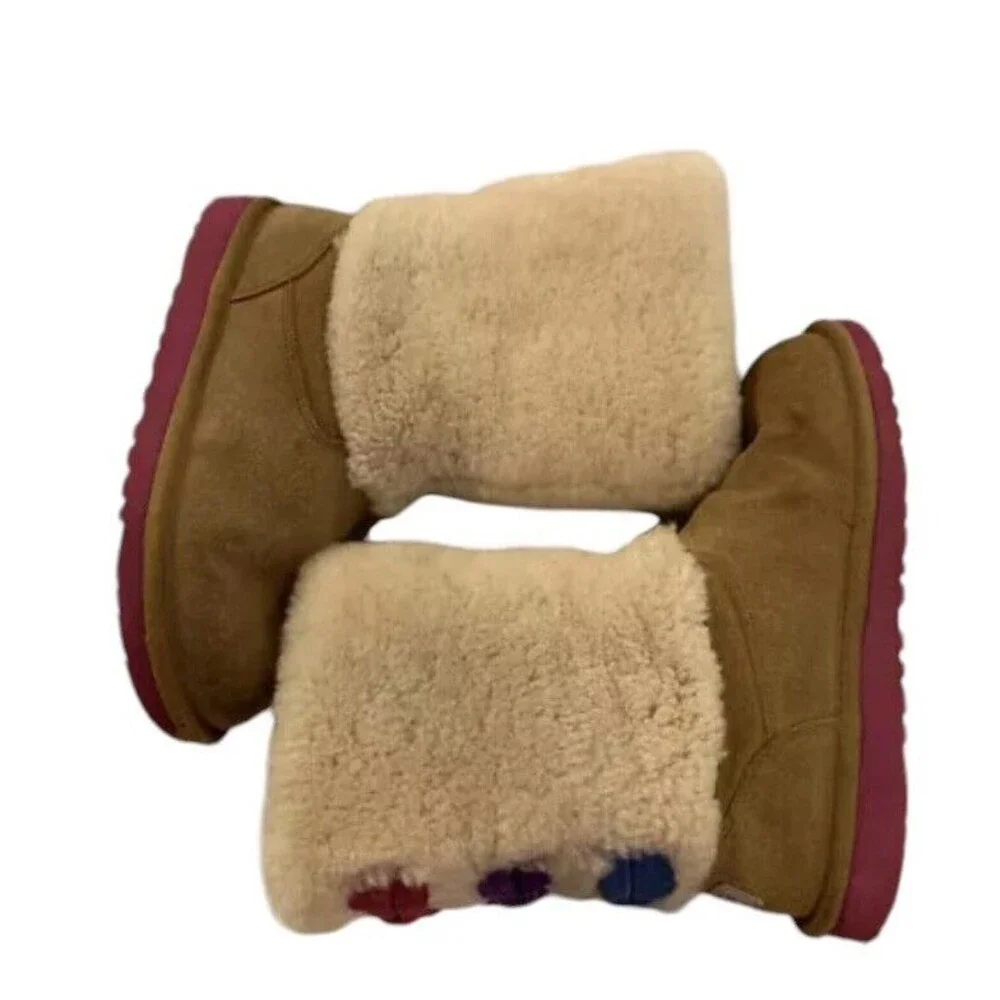 Ugg Australia Malena Boot Girls‎ Size 4 Brown Brand Purple Blue Bow 1005397K